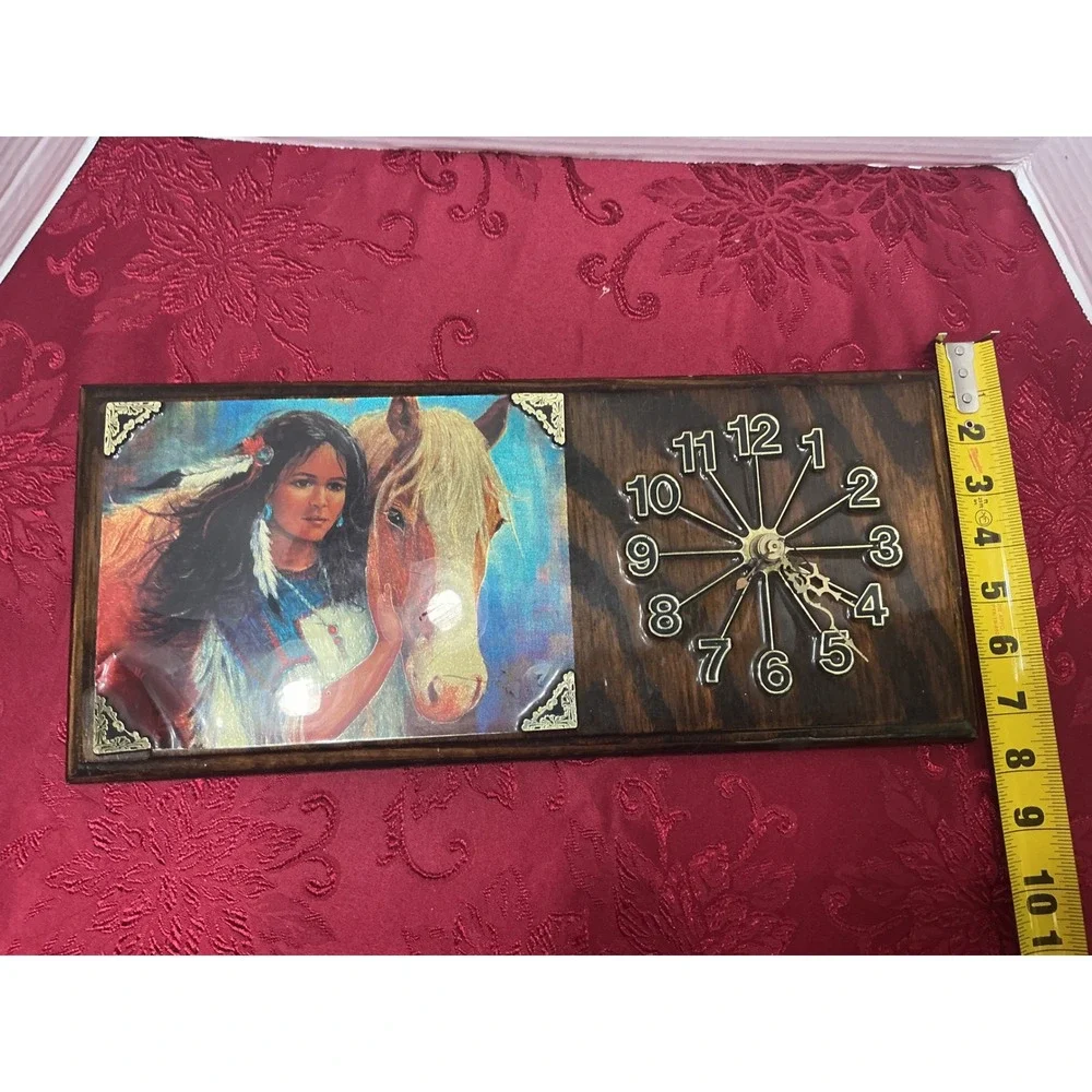 Used Vintage Western Native American Woman and Horse Wood Wall Clock Rustic Deco